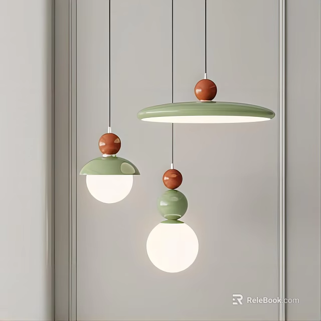 Modern Hanging Pendant Lights With Green Shades And Wooden Ball Accents 3d model 