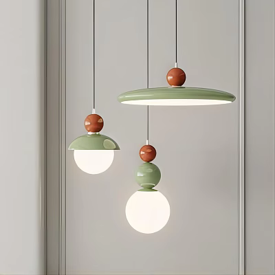 Modern Hanging Pendant Lights With Green Shades And Wooden Ball Accents 3d model