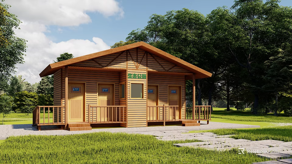 Ecological Public Restroom Wooden Cabin Style With Green Grass And Trees Around 3d model 
