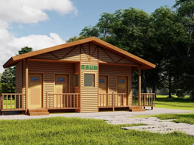 Ecological Public Restroom Wooden Cabin Style With Green Grass And Trees Around 3d model