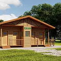 Ecological Public Restroom Wooden Cabin Style With Green Grass And Trees Around