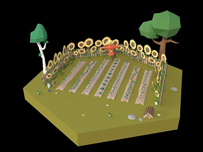 Cartoon Garden Scene Featuring Sunflower Circle Central Plant Beds Green Lawn And Trees 3d model