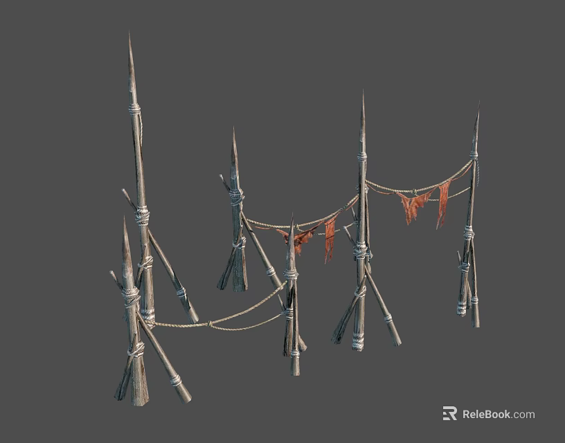 Handcrafted Rustic Wooden Furniture With Sticks Rope And Orange Cloth Strips For Outdoor Decor 3d model 