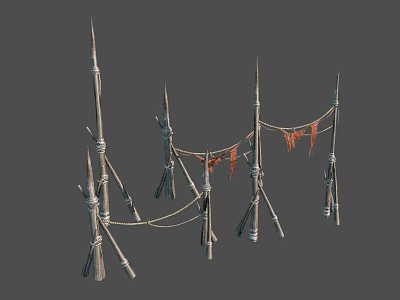 Handcrafted Rustic Wooden Furniture With Sticks Rope And Orange Cloth Strips For Outdoor Decor 3d model