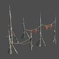 Handcrafted Rustic Wooden Furniture With Sticks Rope And Orange Cloth Strips For Outdoor Decor