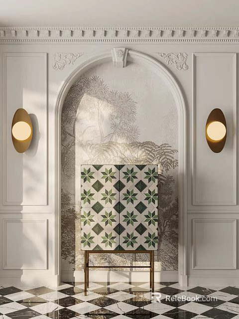 Elegant Entryway Cabinet And Side Cabinet With Green White Patterned Tiles And Wall Lamps 3d model 