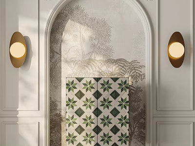 Elegant Entryway Cabinet And Side Cabinet With Green White Patterned Tiles And Wall Lamps 3d model