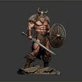 Muscular Viking Warrior Man Wearing Horned Helmet Holding Sword And Shield Standing On Rock Base