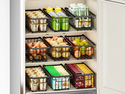 Organized Refrigerator Interior With Black Storage Baskets For Food Items 3d model