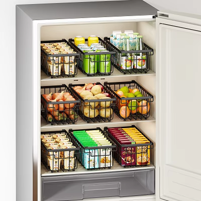 Organized Refrigerator Interior With Black Storage Baskets For Food Items 3d model