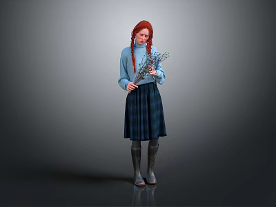 Red Haired Girl In Blue Sweater And Plaid Skirt Holding Flower Bouquet Against Gray Background 3d model