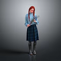 Red Haired Girl In Blue Sweater And Plaid Skirt Holding Flower Bouquet Against Gray Background