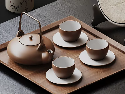 Modern Brown Tea Set with Teapot Three Cups and White Saucers on Wooden Tray 3d model