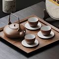 Modern Brown Tea Set with Teapot Three Cups and White Saucers on Wooden Tray