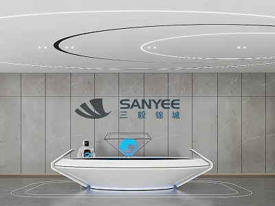 Sleek White Reception Desk With Stone Wall Circular Lights And Blue Diamond Decoration 3d model