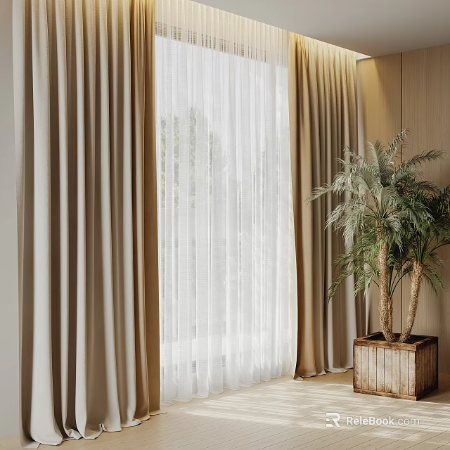 Modern Double Layer Beige Curtains With White Sheer And Green Plant In Wooden Planter 3d model 