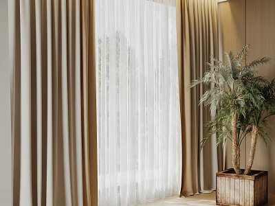 Modern Double Layer Beige Curtains With White Sheer And Green Plant In Wooden Planter 3d model