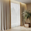 Modern Double Layer Beige Curtains With White Sheer And Green Plant In Wooden Planter
