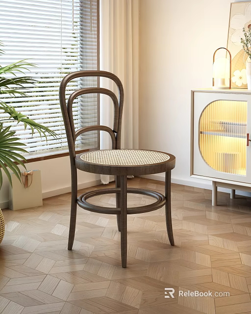 Elegant Dark Brown Dining Chair With Cane Seat By Window Blinds And Green Plant 3d model 