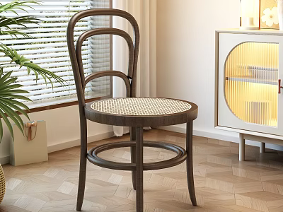 Elegant Dark Brown Dining Chair With Cane Seat By Window Blinds And Green Plant 3d model
