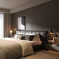 Modern Bedroom Interior With Dark Headboard Bedspread Pillows Light Curtains And Wall Art