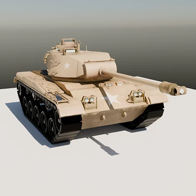 Desert Colored Military Tank 3D Model With White Star Insignia And Cannon Tracks 3d model