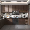 Modern Kitchen Interior With Dark Brown Cabinets Circular Range Hood Countertop And Appliances