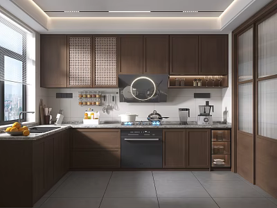 Modern Kitchen Interior With Dark Brown Cabinets Circular Range Hood Countertop And Appliances 3d model