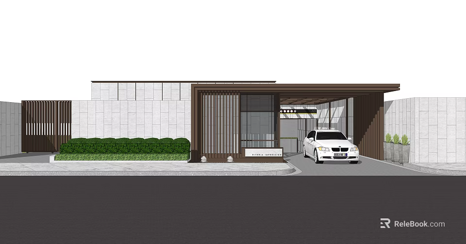 Modern Entrance Gate With Stone Wall Green Shrubs And White Car Parked Nearby 3d model 