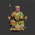 Traditional Deity Statue With Green Gold Robe Scepter Ingot And Red Base