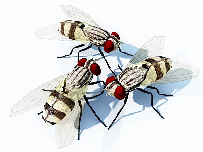 Three Flying Insects With Red Eyes Black And White Stripes And Transparent Wings 3d model