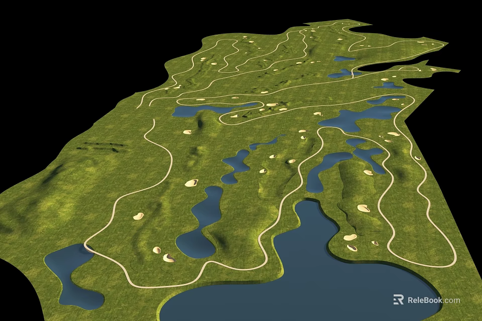 Scenic Garden Landscape Design With Lush Green Lawns Winding White Paths And Blue Ponds 3d model 