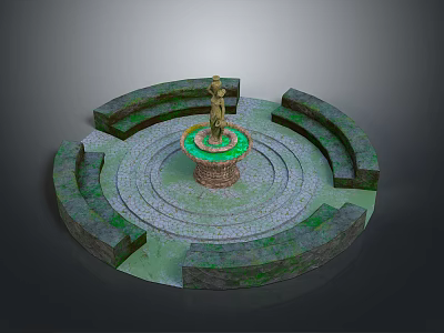 Circular Garden Fountain With Central Statue And Mossy Stone Ledges On Paved Ground 3d model