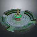 Circular Garden Fountain With Central Statue And Mossy Stone Ledges On Paved Ground