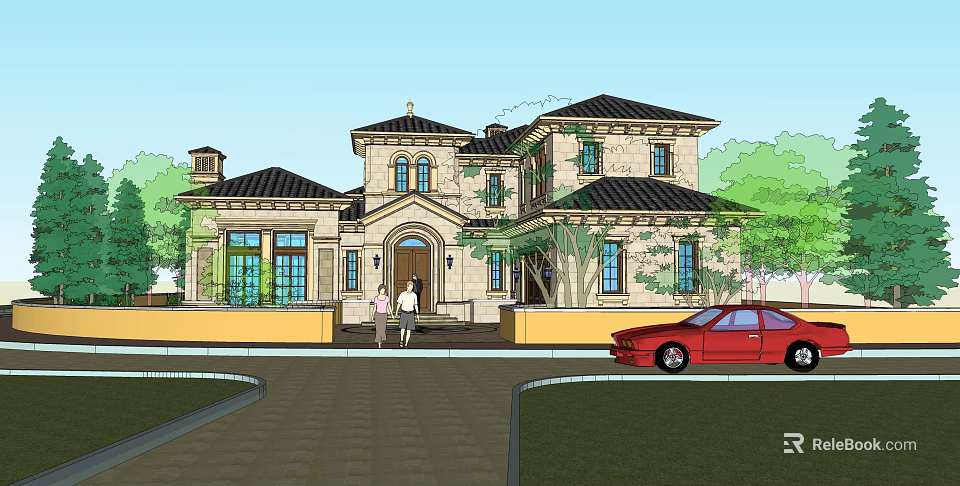 Elegant Single Family Villa Exterior With Dark Roof Red Car Trees and People at Entrance 3d model 