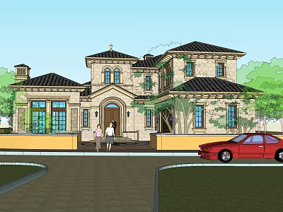 Elegant Single Family Villa Exterior With Dark Roof Red Car Trees and People at Entrance 3d model