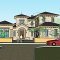 Elegant Single Family Villa Exterior With Dark Roof Red Car Trees and People at Entrance