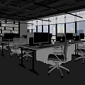 Modern Public Office Space With Desks Computers Chairs Large Windows And Bookshelves