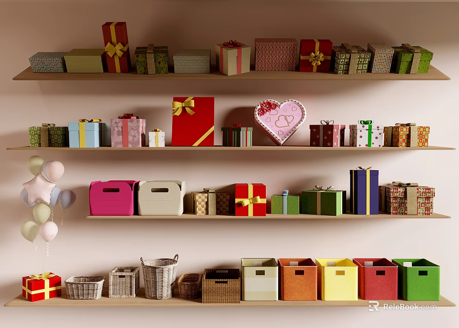 Colorful Gift And Storage Boxes Display With Balloons On Wall Shelves 3d model 