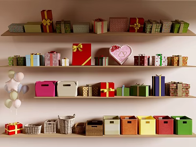 Colorful Gift And Storage Boxes Display With Balloons On Wall Shelves 3d model