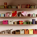 Colorful Gift And Storage Boxes Display With Balloons On Wall Shelves