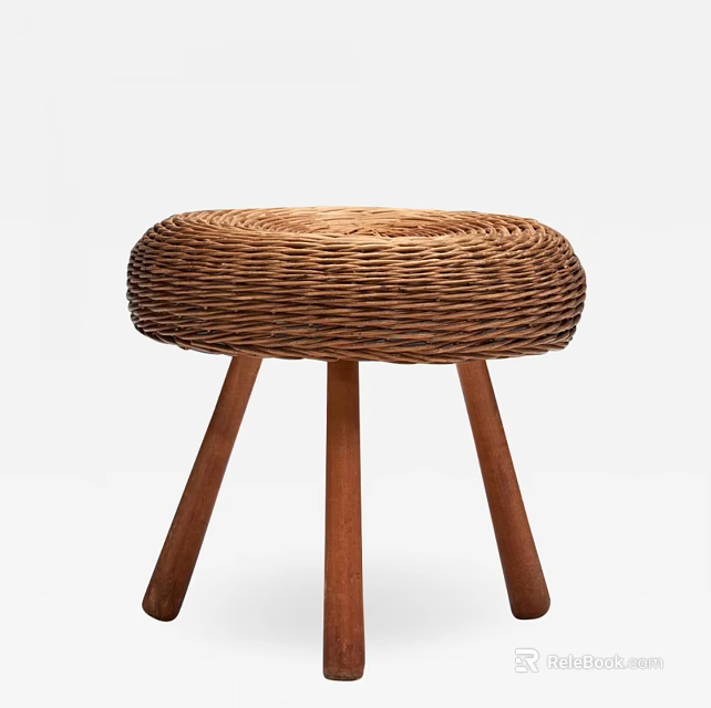Natural Handcrafted Round Side Table With Woven Rattan Top And Wooden Legs 3d model 
