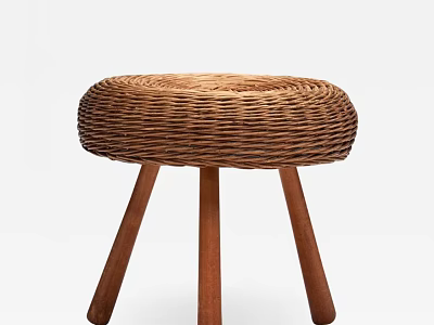 Natural Handcrafted Round Side Table With Woven Rattan Top And Wooden Legs 3d model