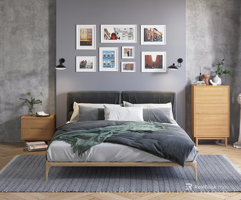 Modern Double Bed with Gray Bedding Bedside Table and Decorative Paintings 3d model 