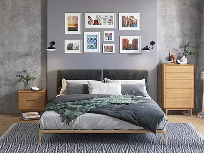 Modern Double Bed with Gray Bedding Bedside Table and Decorative Paintings 3d model