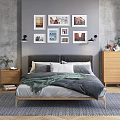 Modern Double Bed with Gray Bedding Bedside Table and Decorative Paintings 3d model