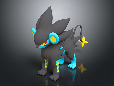 Black Creature Character With Blue Ears Red Eyes Yellow Star Tail And Leg Stripes 3d model