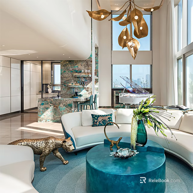 Modern Living Room Interior With White Sofa Turquoise Coffee Table Brass Chandelier And Large Windows 3d model 