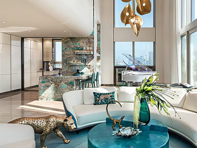 Modern Living Room Interior With White Sofa Turquoise Coffee Table Brass Chandelier And Large Windows 3d model