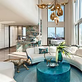Modern Living Room Interior With White Sofa Turquoise Coffee Table Brass Chandelier And Large Windows
